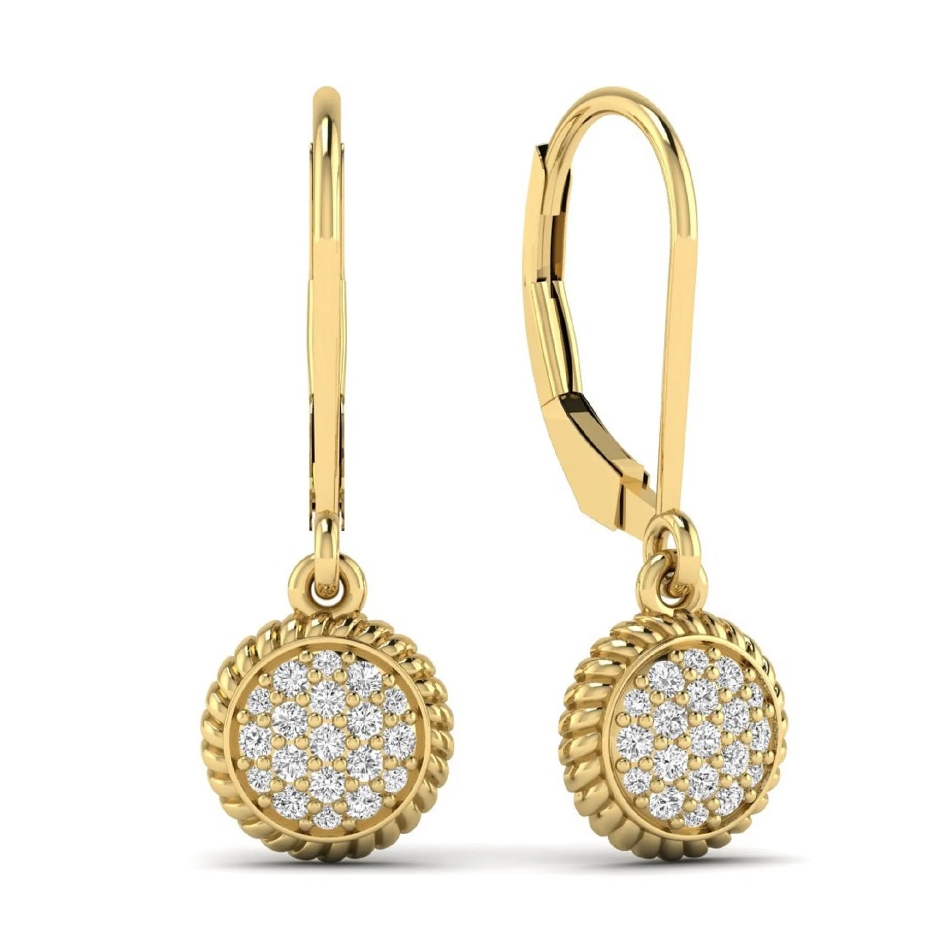 Round pavé lab grown diamond disc drop earrings featuring clustered round cut diamonds, rope edge detailing, lever back closure, and yellow gold tone design.