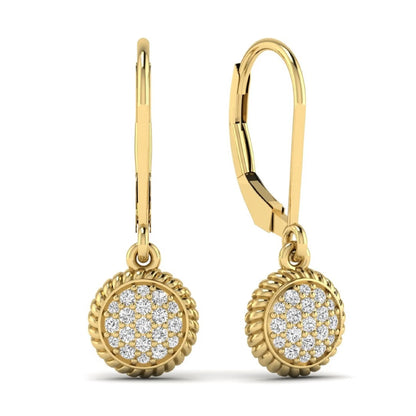 Round pavé lab grown diamond disc drop earrings featuring clustered round cut diamonds, rope edge detailing, lever back closure, and yellow gold tone design.