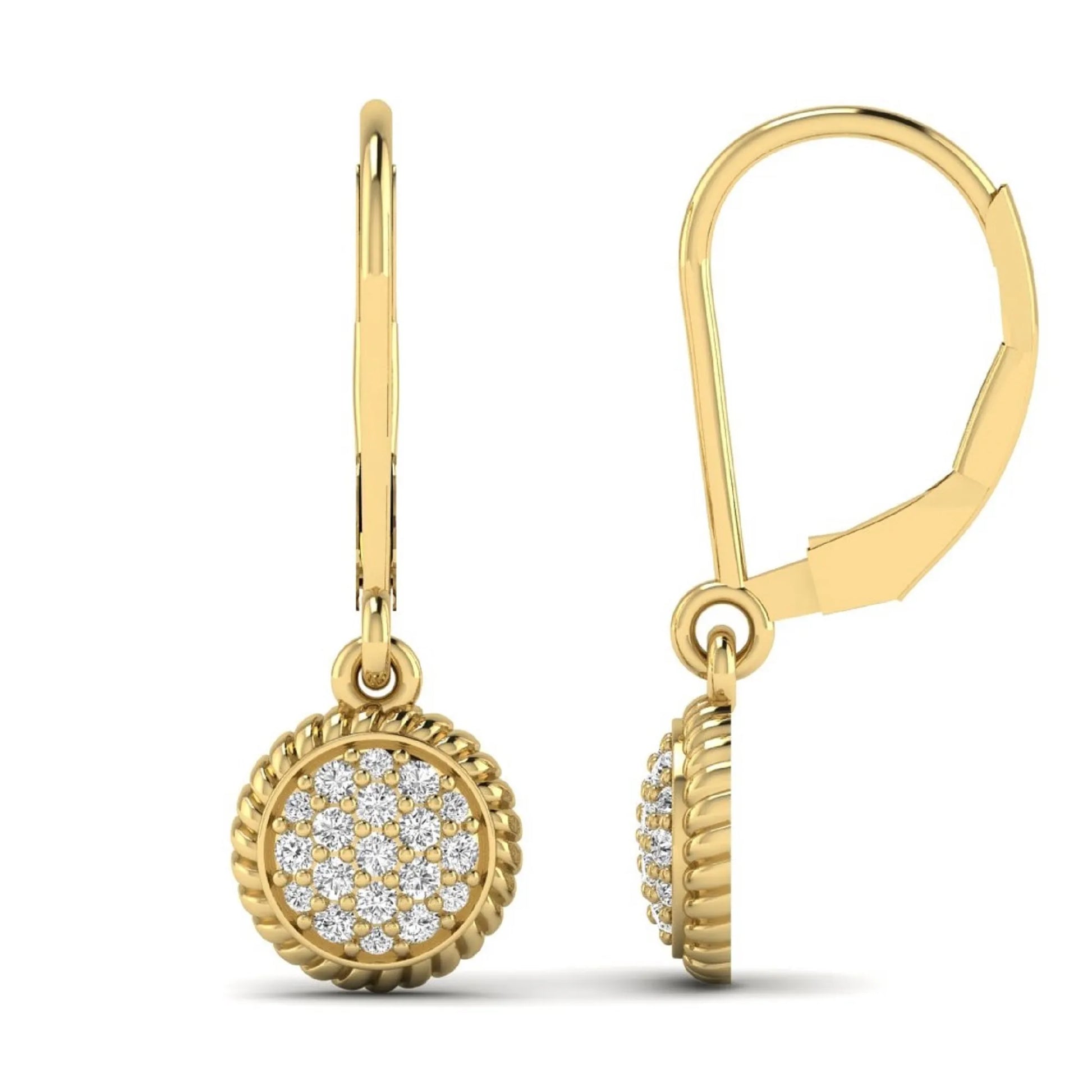 Round pavé lab grown diamond disc drop earrings featuring clustered round cut diamonds, rope edge detailing, lever back closure, and yellow gold tone design.