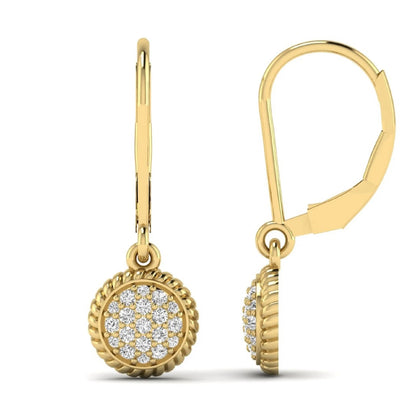 Round pavé lab grown diamond disc drop earrings featuring clustered round cut diamonds, rope edge detailing, lever back closure, and yellow gold tone design.