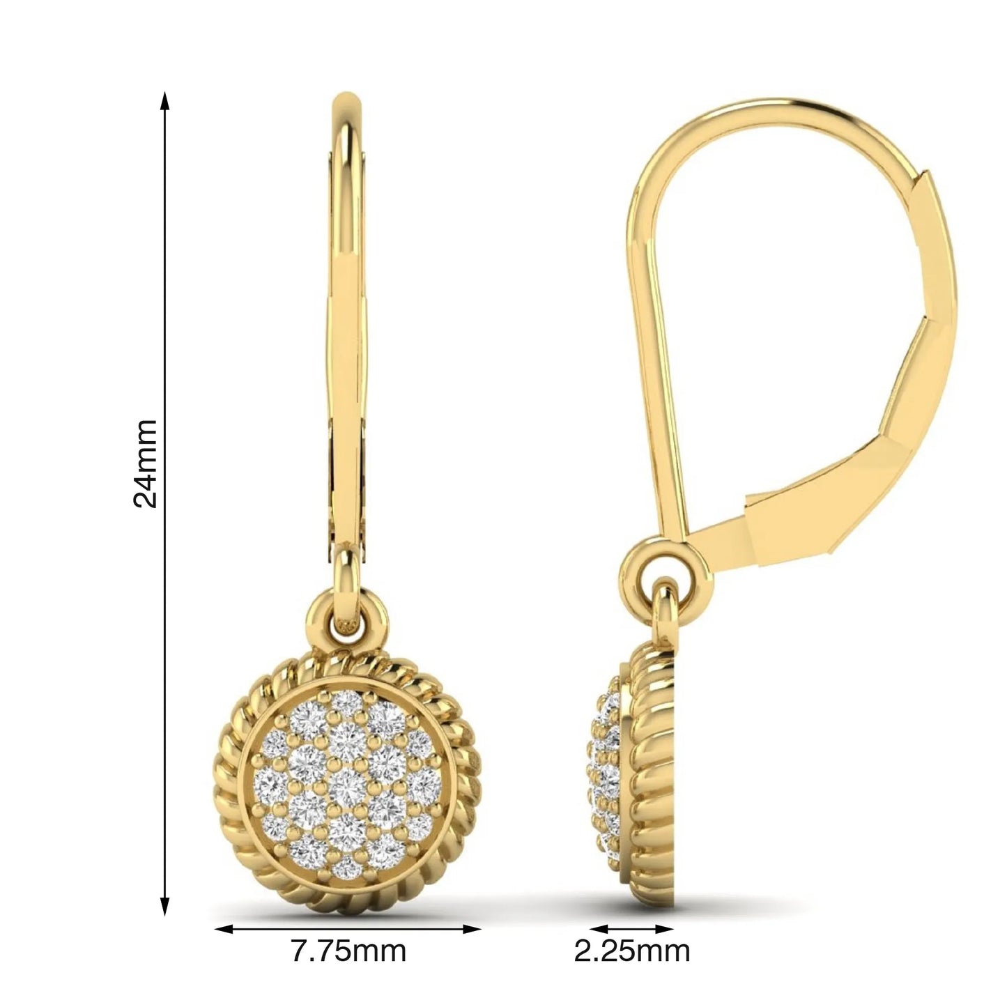 Round pavé lab grown diamond disc drop earrings featuring clustered round cut diamonds, rope edge detailing, lever back closure, and yellow gold tone design.