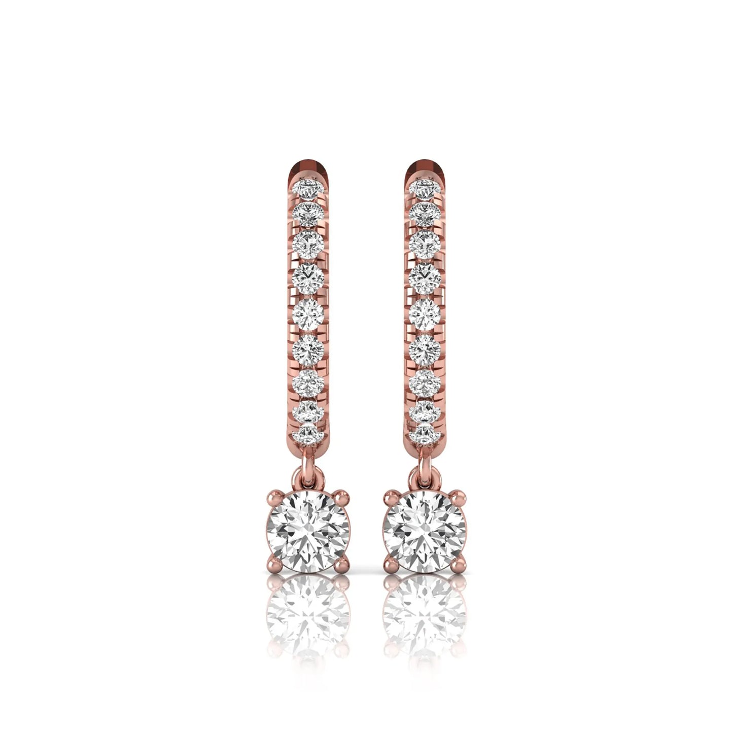 Round cut lab grown diamond pavé drop huggie hoop earrings featuring a brilliant round solitaire diamond, sparkling pavé diamonds, hinged snap closure, and polished rose gold finish.