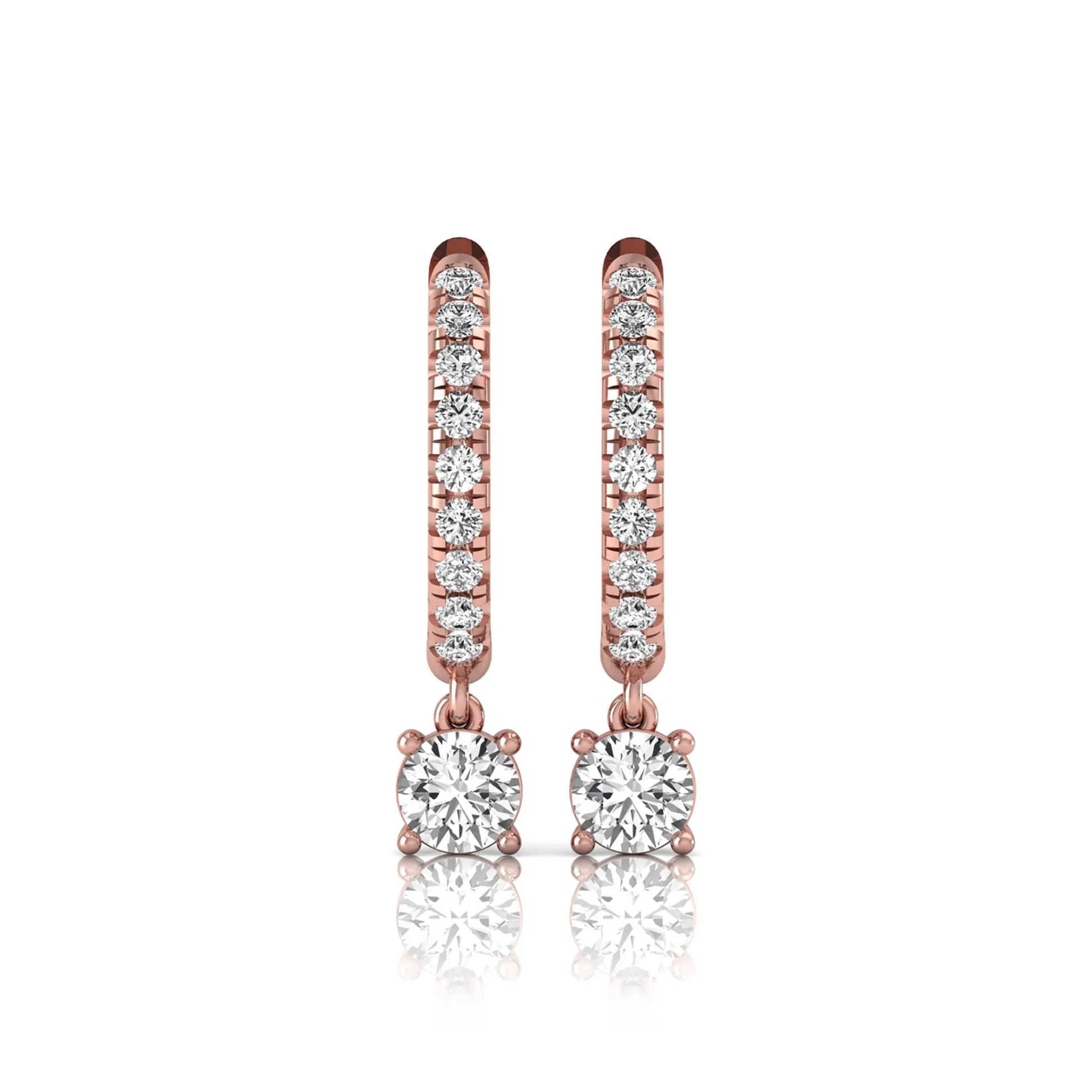 Round cut lab grown diamond pavé drop huggie hoop earrings featuring a brilliant round solitaire diamond, sparkling pavé diamonds, hinged snap closure, and polished rose gold finish.