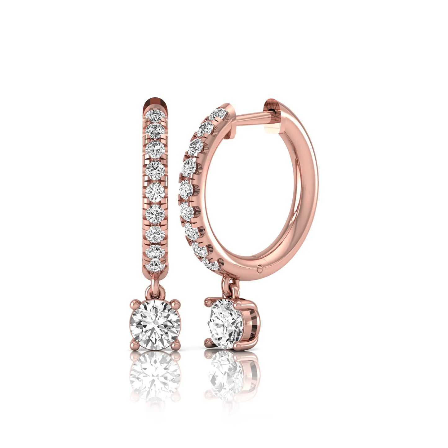 Round cut lab grown diamond pavé drop huggie hoop earrings featuring a brilliant round solitaire diamond, sparkling pavé diamonds, hinged snap closure, and polished rose gold finish.