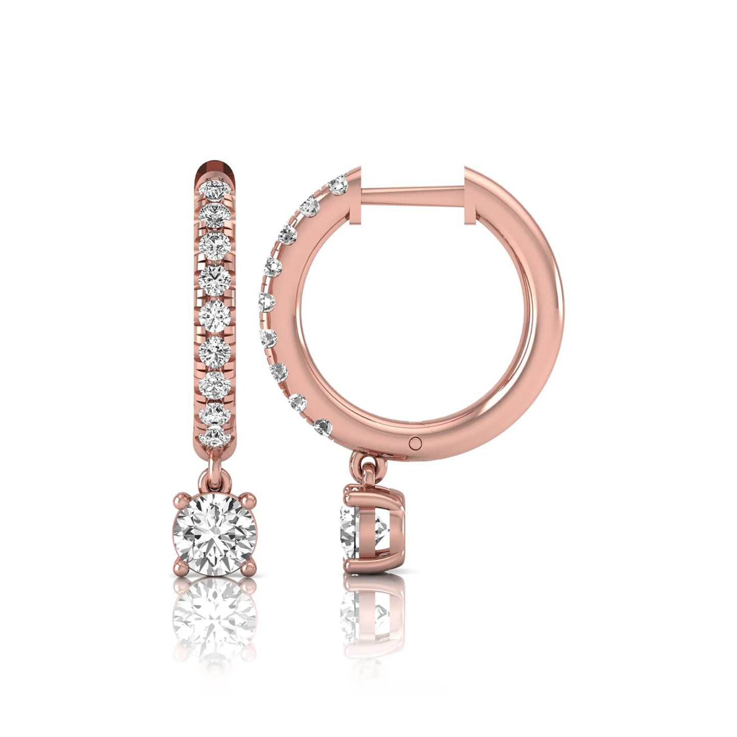 Round cut lab grown diamond pavé drop huggie hoop earrings featuring a brilliant round solitaire diamond, sparkling pavé diamonds, hinged snap closure, and polished rose gold finish.