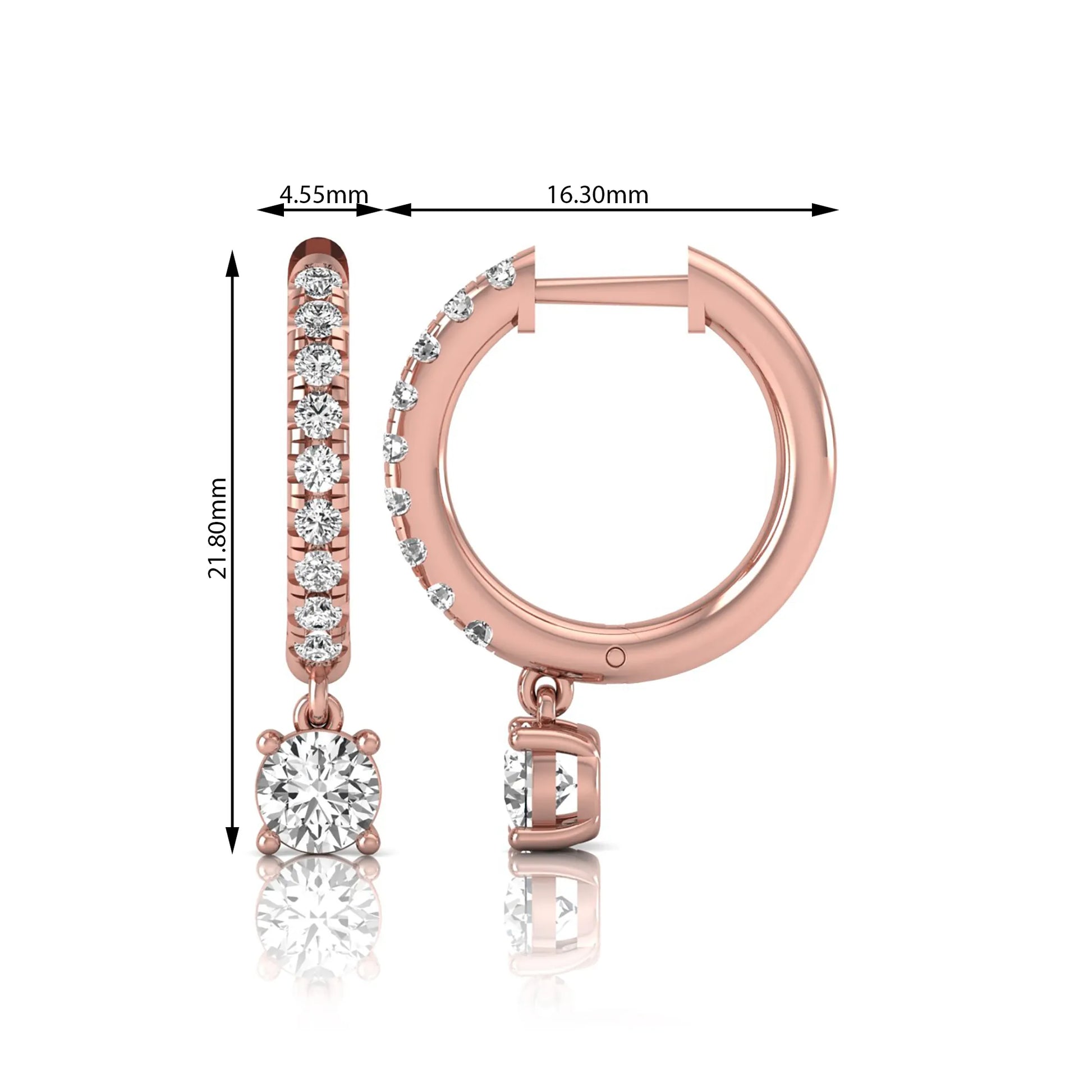 Round cut lab grown diamond pavé drop huggie hoop earrings featuring a brilliant round solitaire diamond, sparkling pavé diamonds, hinged snap closure, and polished rose gold finish.