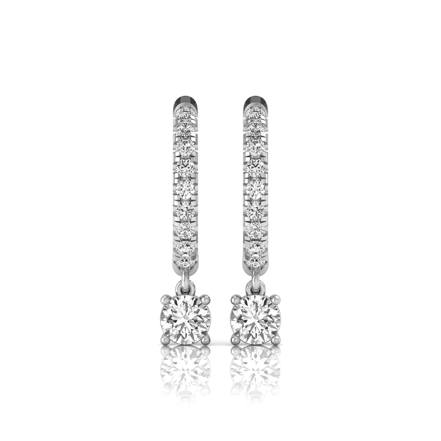 Round cut lab grown diamond pavé drop huggie hoop earrings featuring a brilliant round solitaire diamond, sparkling pavé diamonds, hinged snap closure, and polished white gold finish.