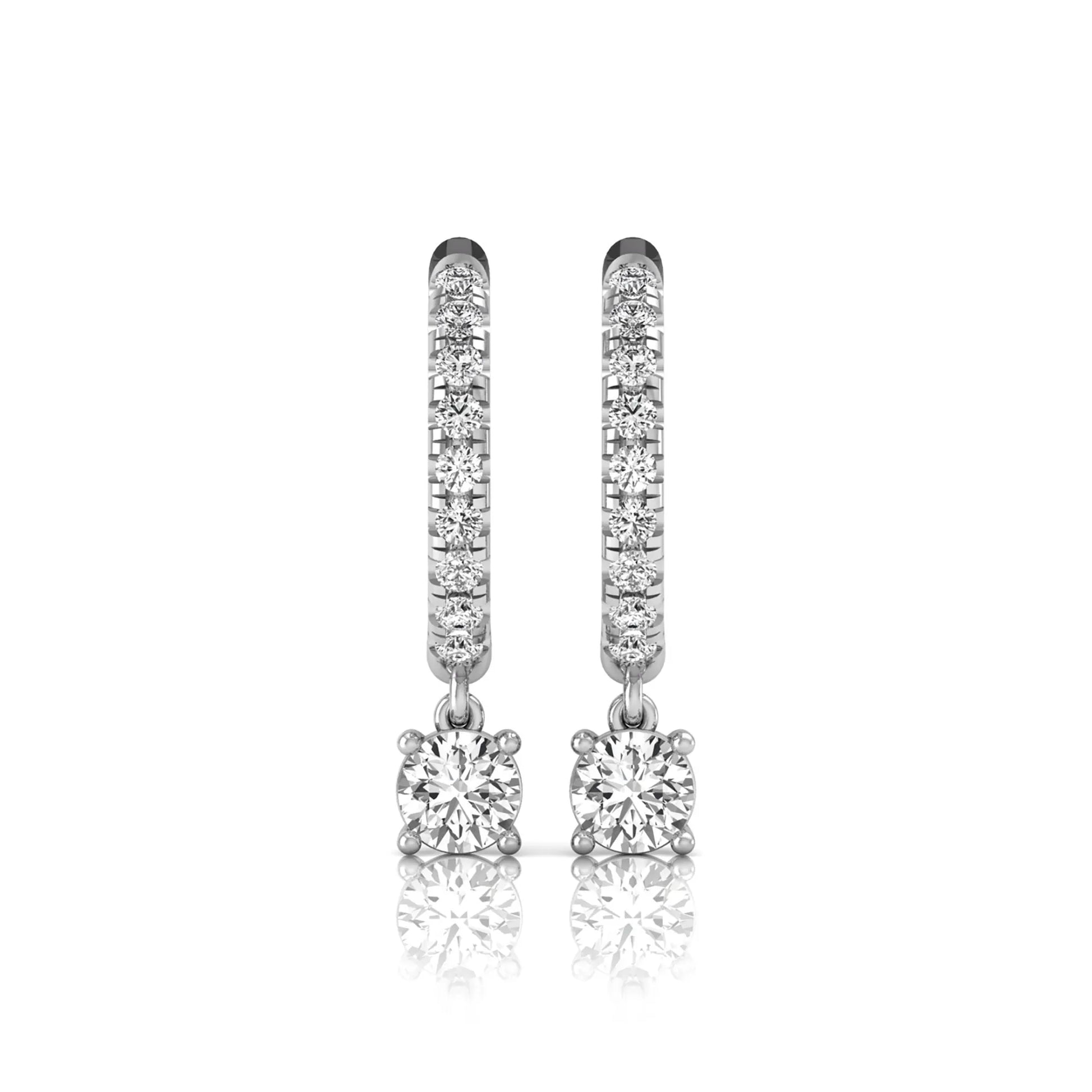 Round cut lab grown diamond pavé drop huggie hoop earrings featuring a brilliant round solitaire diamond, sparkling pavé diamonds, hinged snap closure, and polished white gold finish.