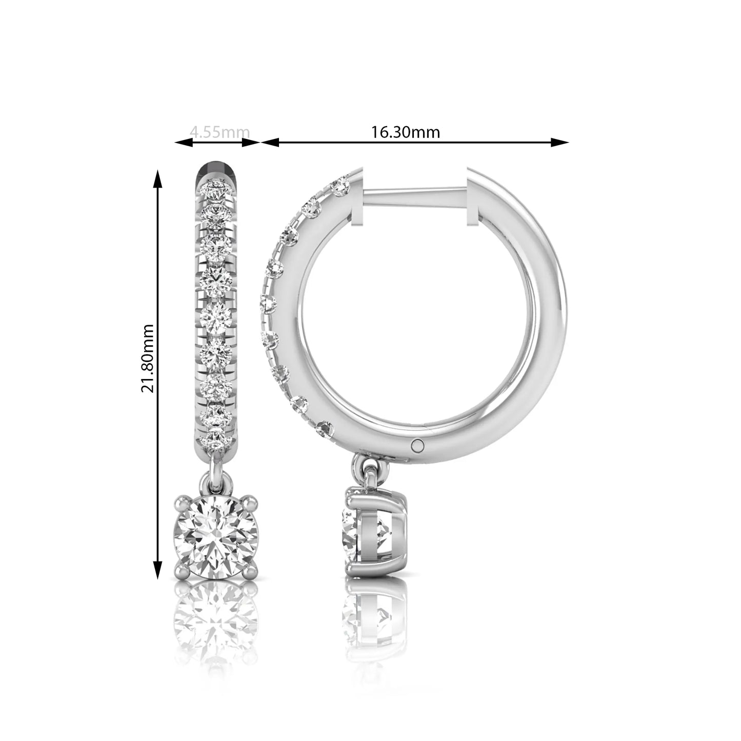 Round cut lab grown diamond pavé drop huggie hoop earrings featuring a brilliant round solitaire diamond, sparkling pavé diamonds, hinged snap closure, and polished white gold finish.