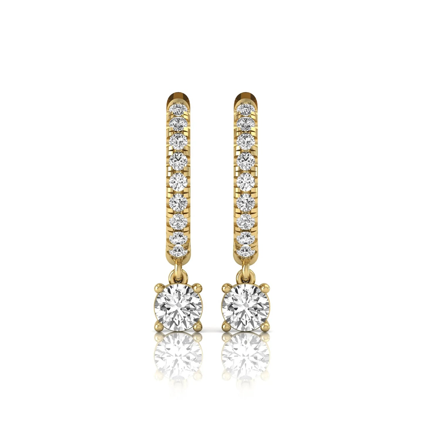 Round cut lab grown diamond pavé drop huggie hoop earrings featuring a brilliant round solitaire diamond, sparkling pavé diamonds, hinged snap closure, and polished yellow gold finish.