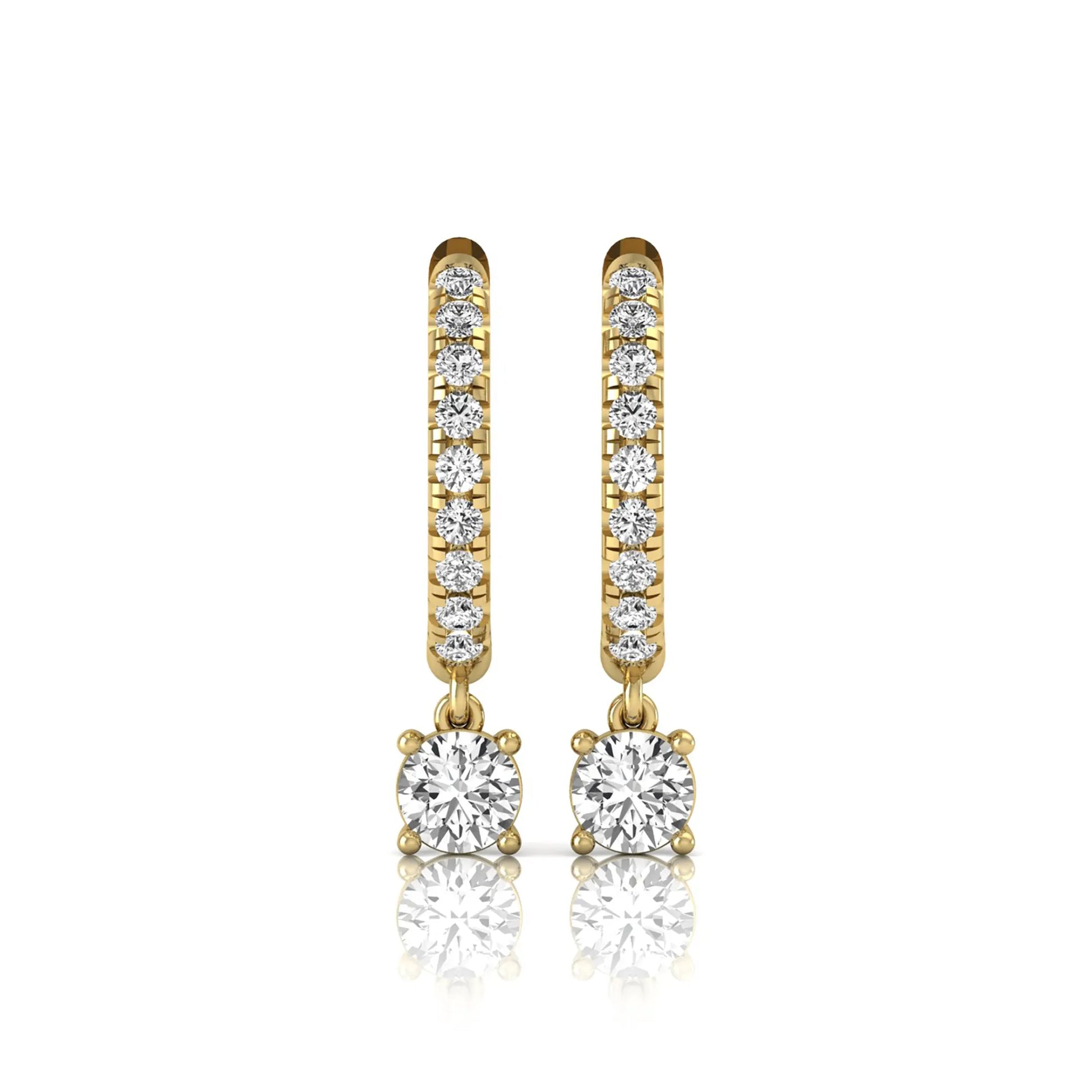 Round cut lab grown diamond pavé drop huggie hoop earrings featuring a brilliant round solitaire diamond, sparkling pavé diamonds, hinged snap closure, and polished yellow gold finish.