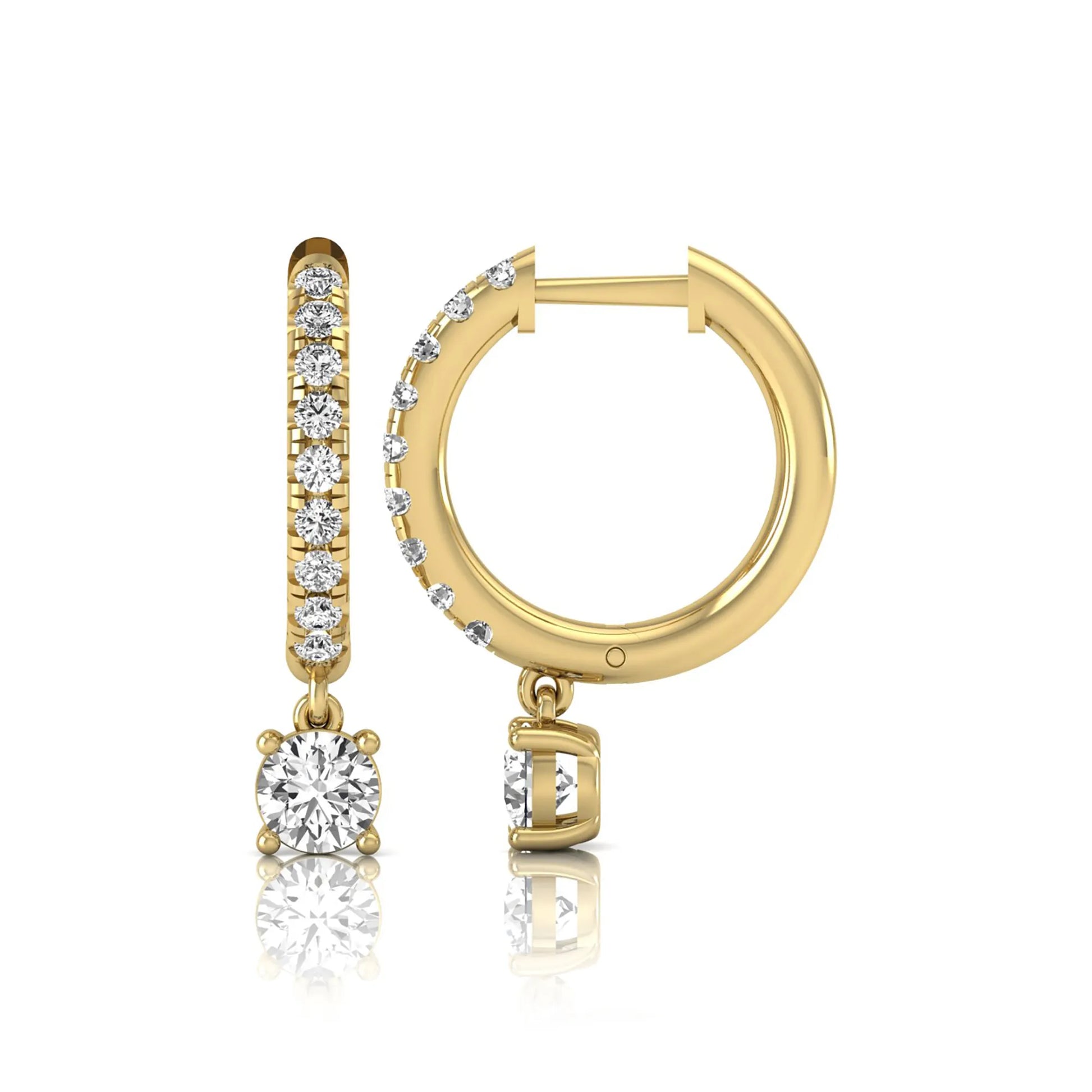 Round cut lab grown diamond pavé drop huggie hoop earrings featuring a brilliant round solitaire diamond, sparkling pavé diamonds, hinged snap closure, and polished yellow gold finish.