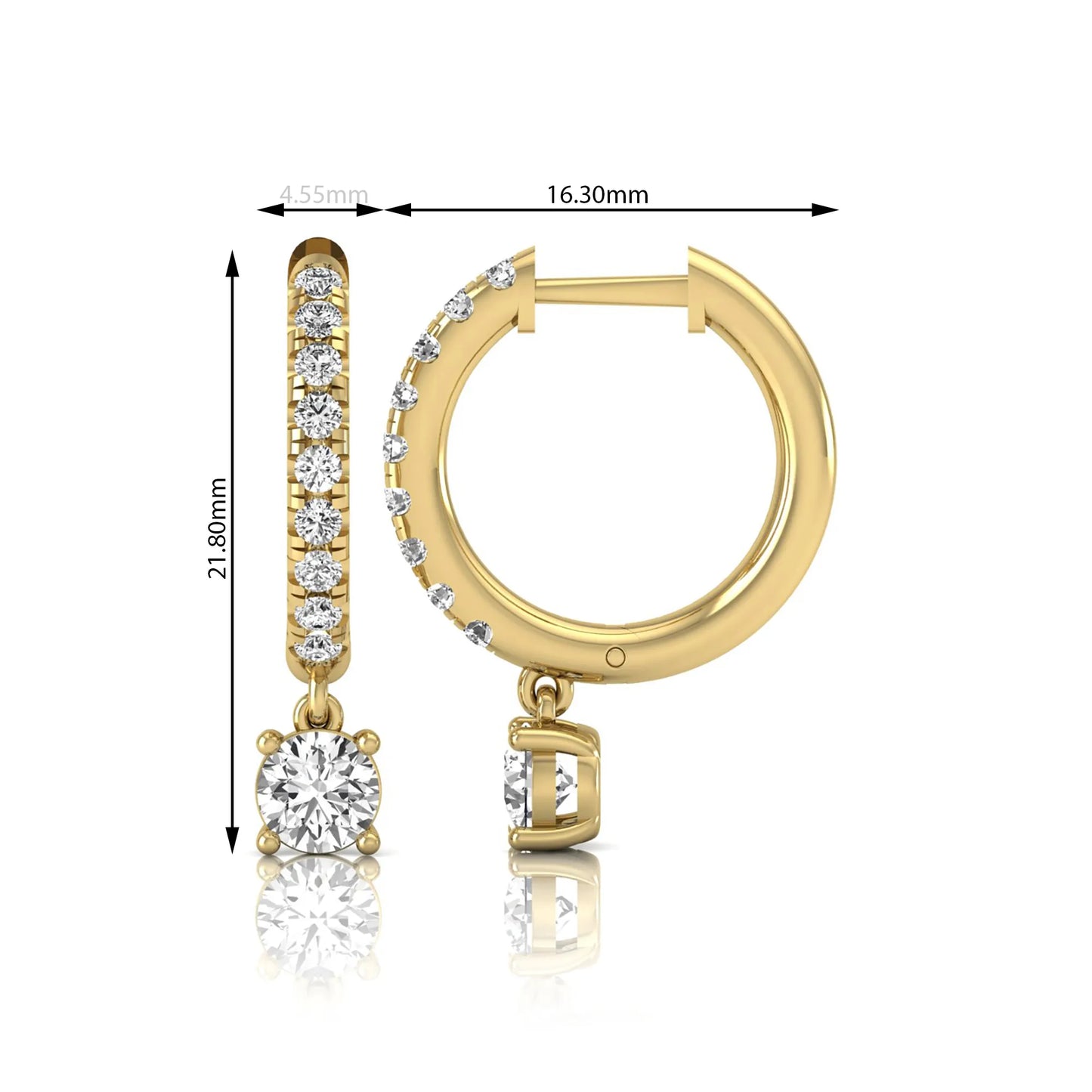 Round cut lab grown diamond pavé drop huggie hoop earrings featuring a brilliant round solitaire diamond, sparkling pavé diamonds, hinged snap closure, and polished yellow gold finish.