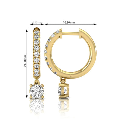 Round cut lab grown diamond pavé drop huggie hoop earrings featuring a brilliant round solitaire diamond, sparkling pavé diamonds, hinged snap closure, and polished yellow gold finish.