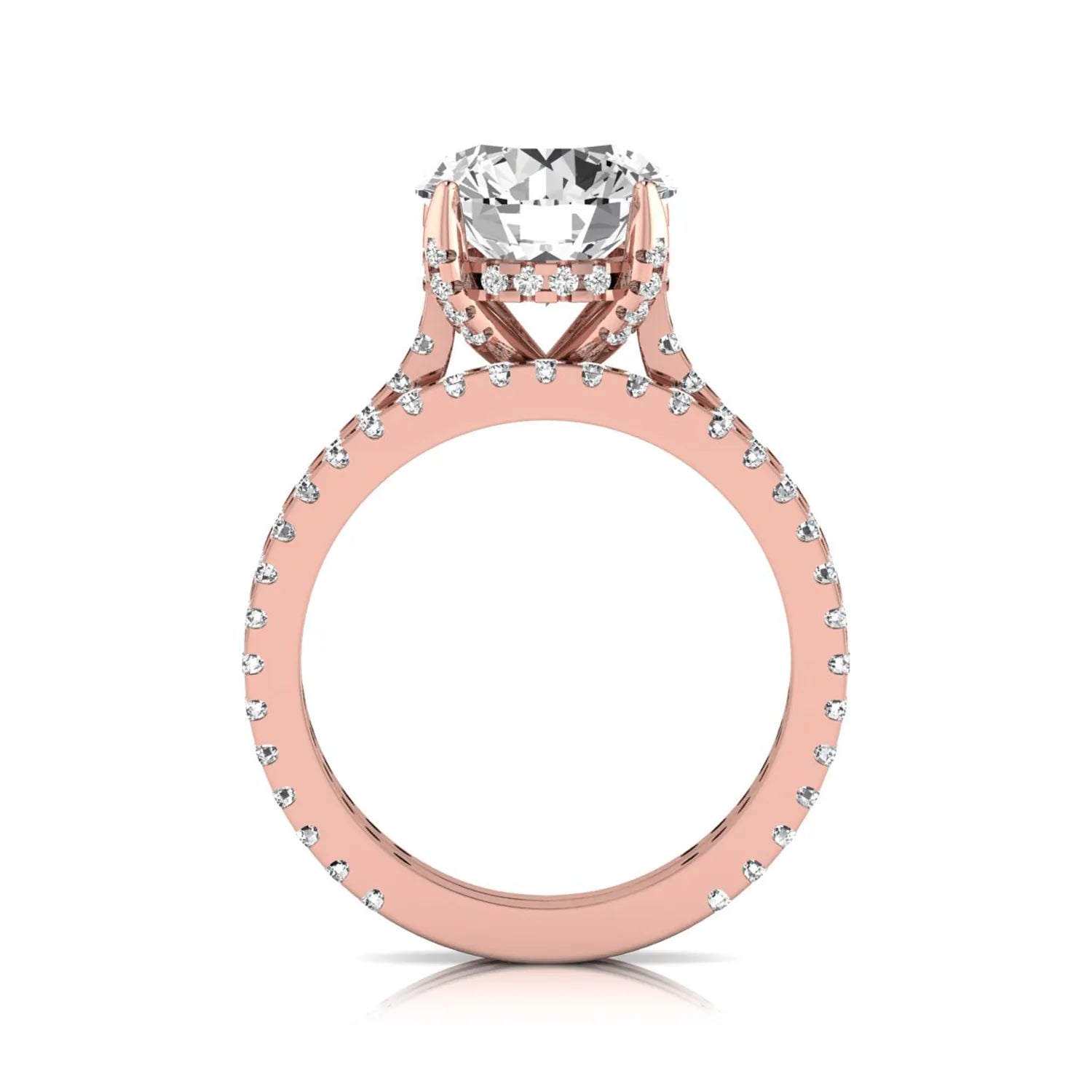 Round cut lab grown diamond bridal ring set featuring an IGI certified center diamond with matching pavé diamond wedding band in a classic four-prong setting in rose gold