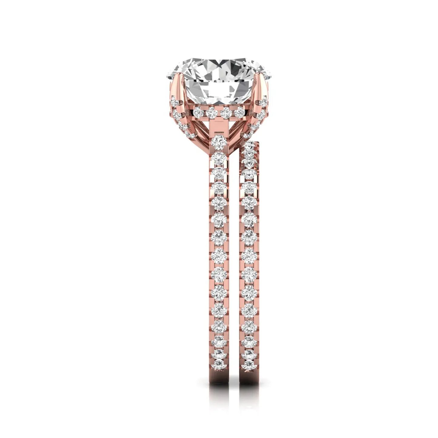 Round cut lab grown diamond bridal ring set featuring an IGI certified center diamond with matching pavé diamond wedding band in a classic four-prong setting in rose gold