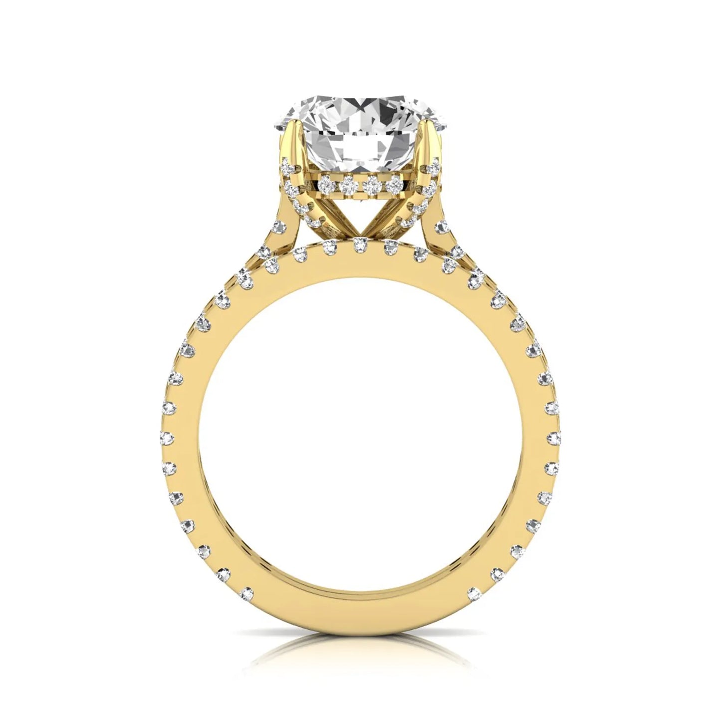 Round cut lab grown diamond bridal ring set featuring an IGI certified center diamond with matching pavé diamond wedding band in a classic four-prong setting in yellow gold