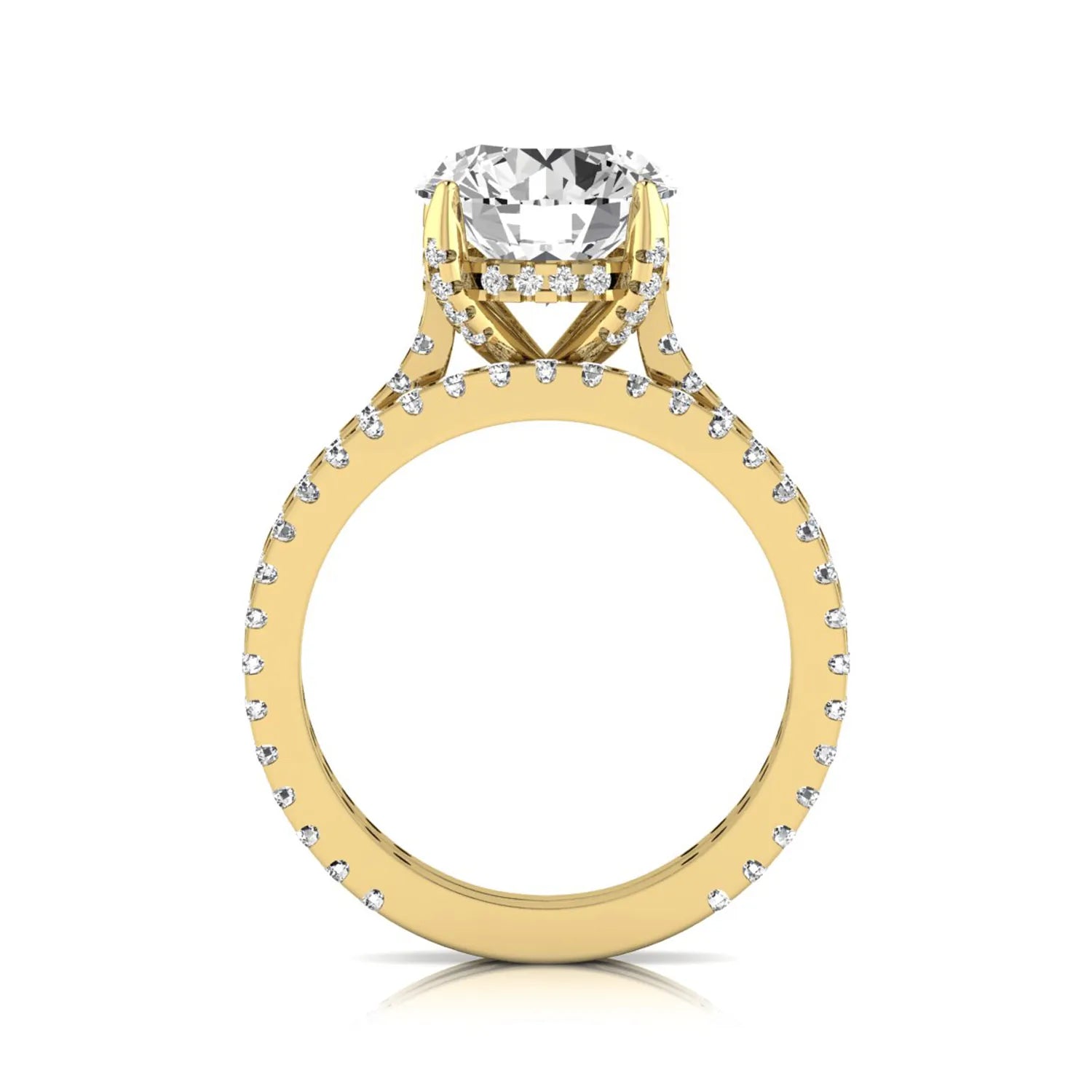 Round cut lab grown diamond bridal ring set featuring an IGI certified center diamond with matching pavé diamond wedding band in a classic four-prong setting in yellow gold