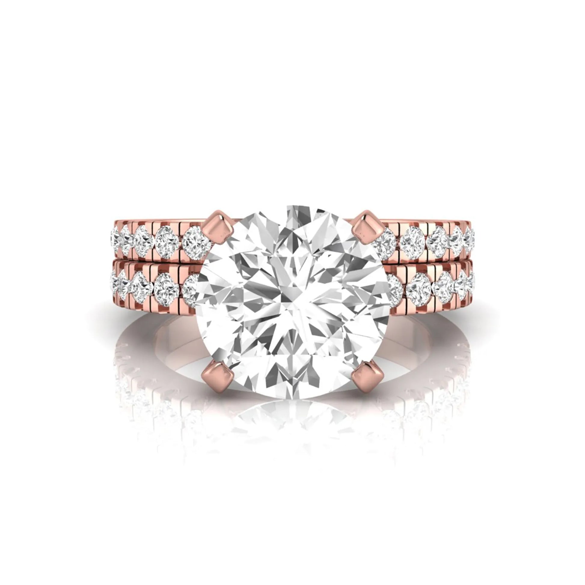 Round pavé lab grown diamond bridal ring set featuring a 2.75 carat IGI certified round center diamond with matching pavé diamond wedding band in a rose gold design.