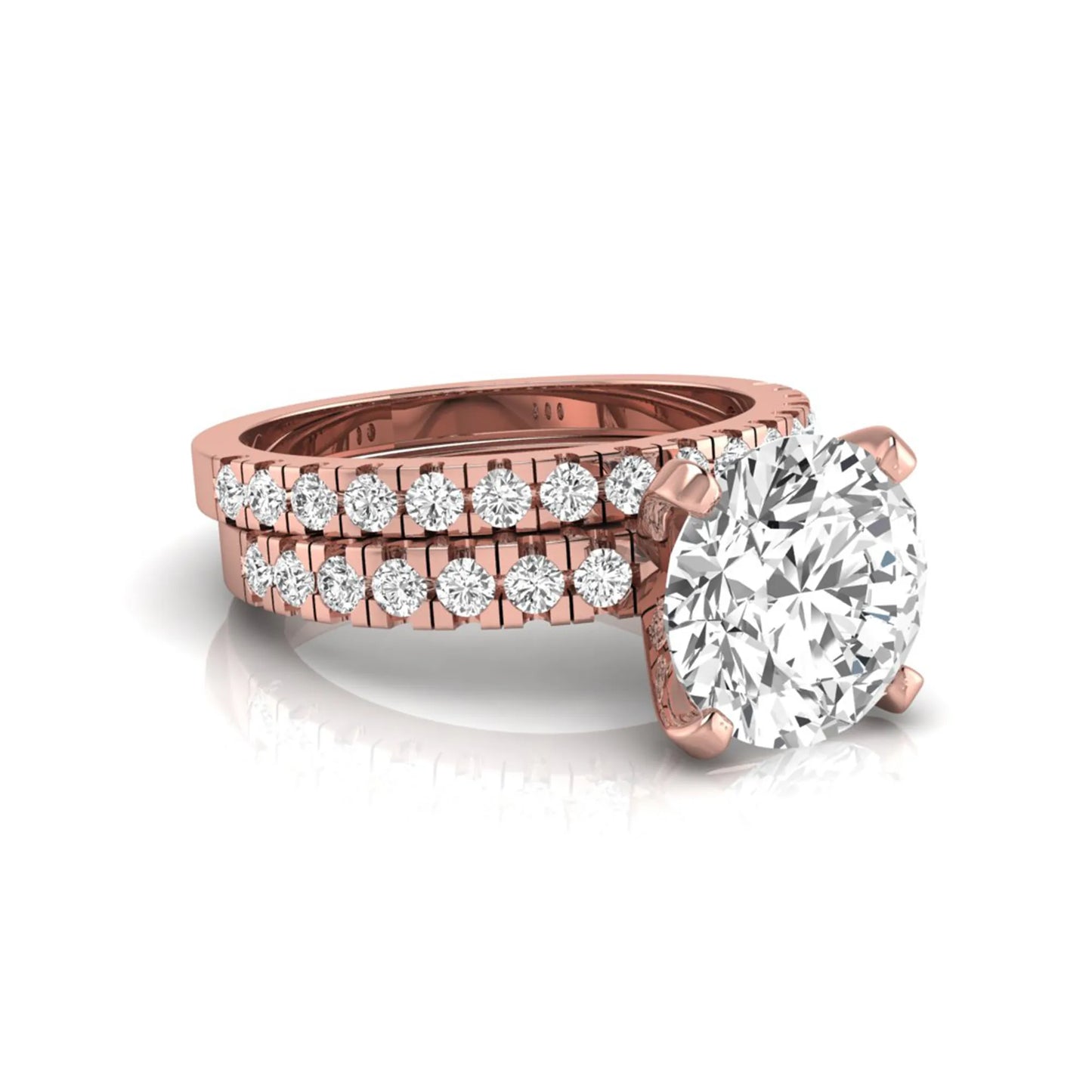 Round pavé lab grown diamond bridal ring set featuring a 2.75 carat IGI certified round center diamond with matching pavé diamond wedding band in a rose gold design.