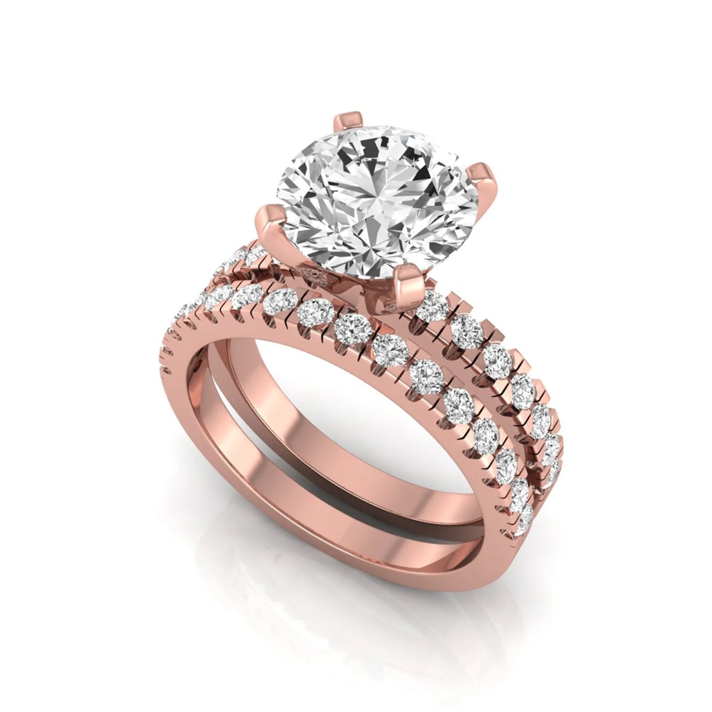 Round pavé lab grown diamond bridal ring set featuring a 2.75 carat IGI certified round center diamond with matching pavé diamond wedding band in a rose gold design.
