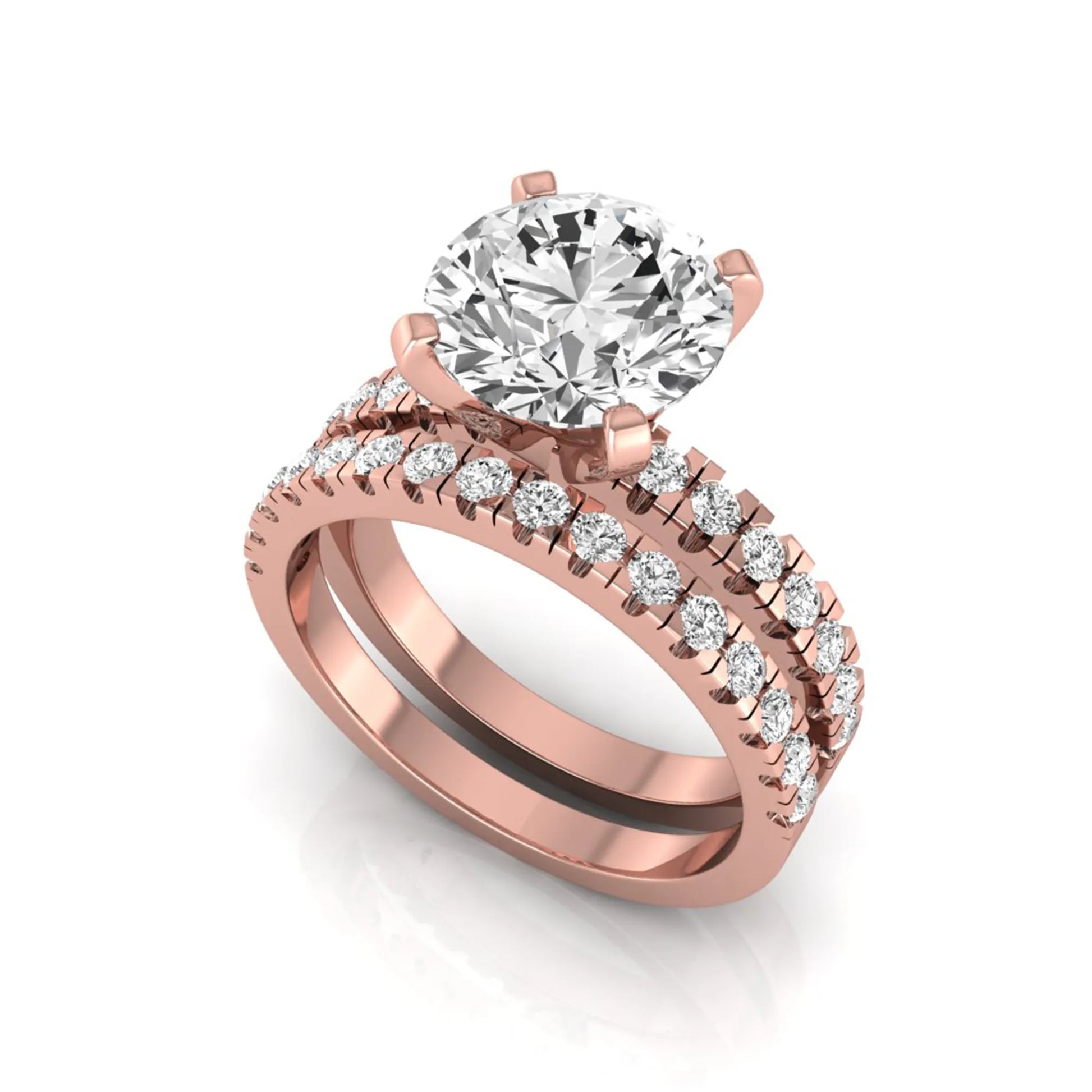 Round pavé lab grown diamond bridal ring set featuring a 2.75 carat IGI certified round center diamond with matching pavé diamond wedding band in a rose gold design.