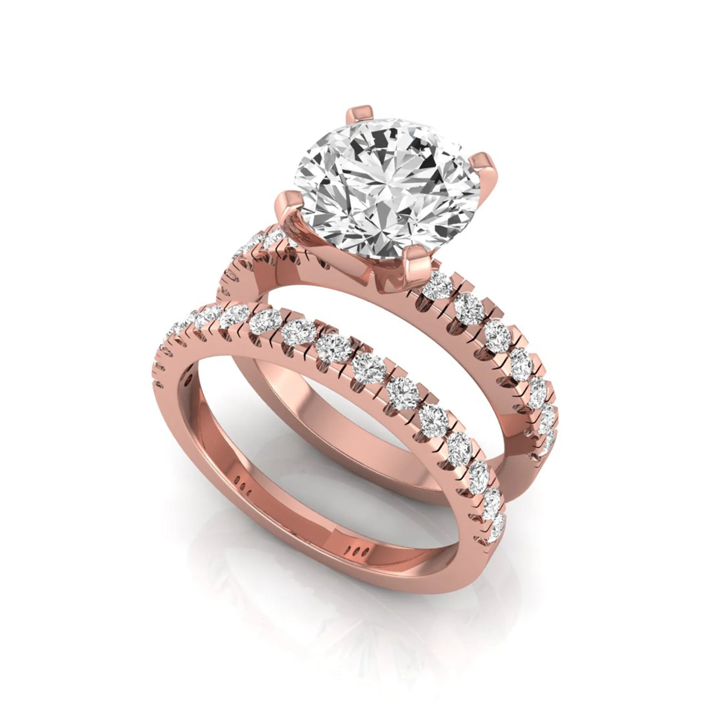 Round pavé lab grown diamond bridal ring set featuring a 2.75 carat IGI certified round center diamond with matching pavé diamond wedding band in a rose gold design.