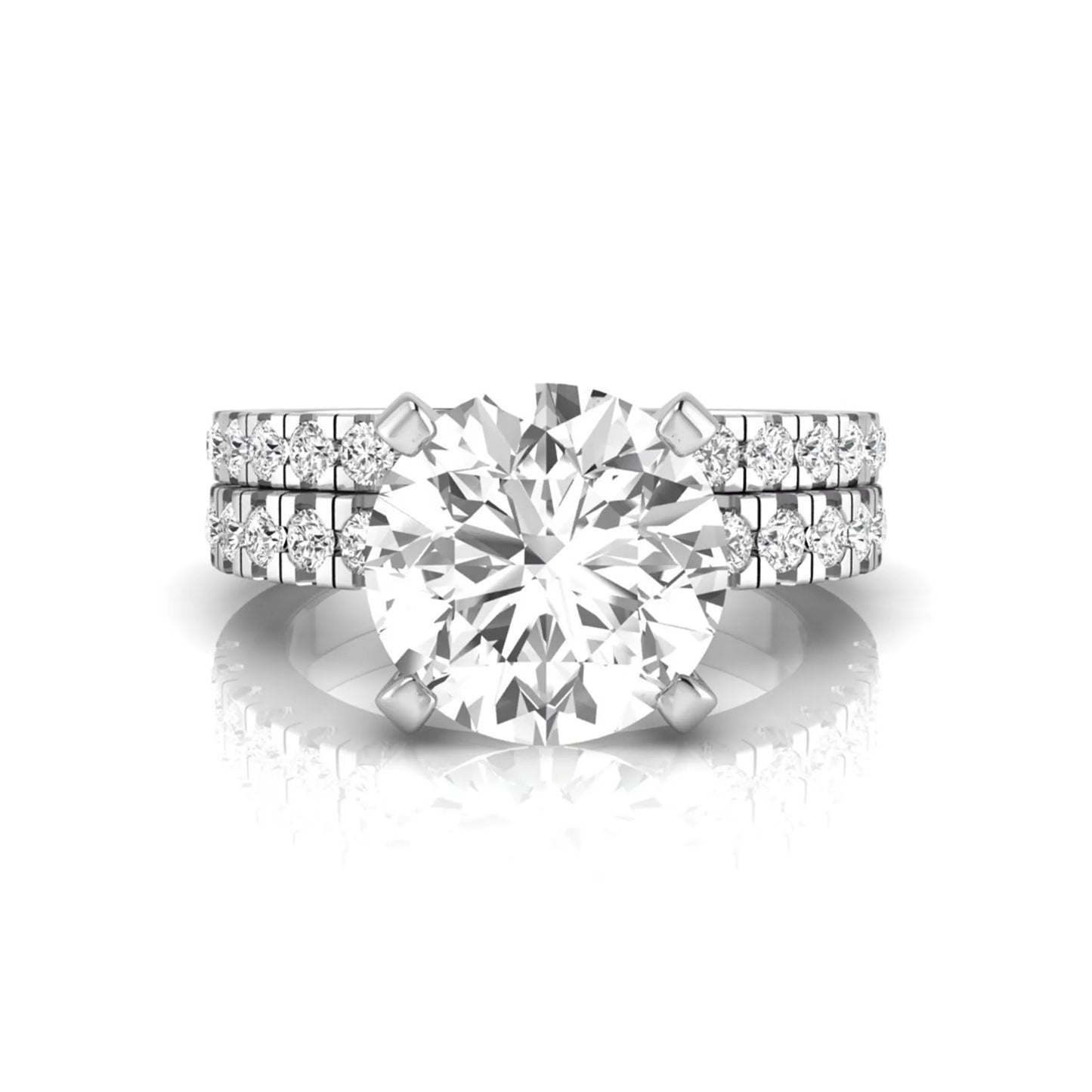 Round pavé lab grown diamond bridal ring set featuring a 2.75 carat IGI certified round center diamond with matching pavé diamond wedding band in a white gold design.
