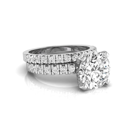 Round pavé lab grown diamond bridal ring set featuring a 2.75 carat IGI certified round center diamond with matching pavé diamond wedding band in a white gold design.