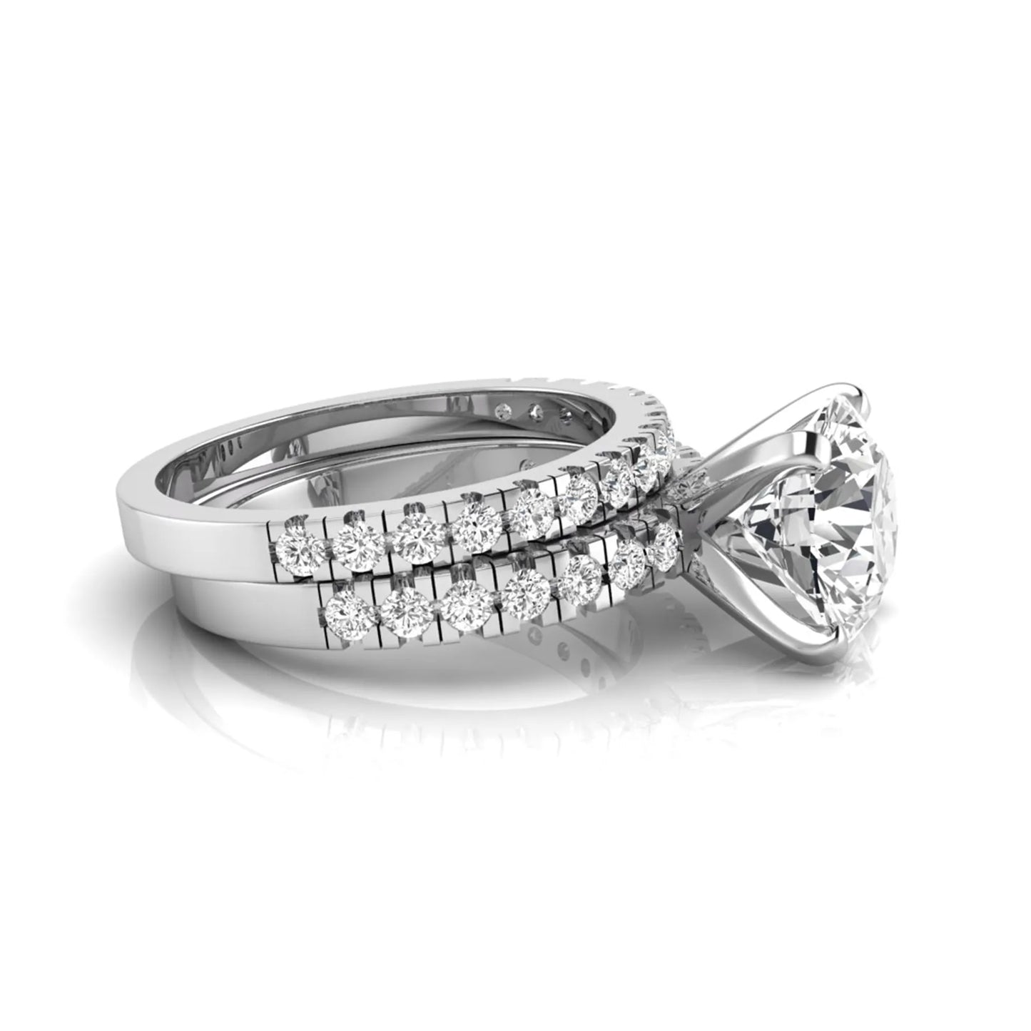 Round pavé lab grown diamond bridal ring set featuring a 2.75 carat IGI certified round center diamond with matching pavé diamond wedding band in a white gold design.