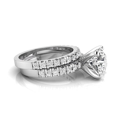 Round pavé lab grown diamond bridal ring set featuring a 2.75 carat IGI certified round center diamond with matching pavé diamond wedding band in a white gold design.