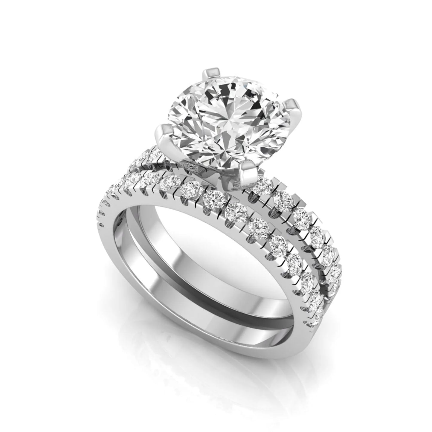 Round pavé lab grown diamond bridal ring set featuring a 2.75 carat IGI certified round center diamond with matching pavé diamond wedding band in a white gold design.