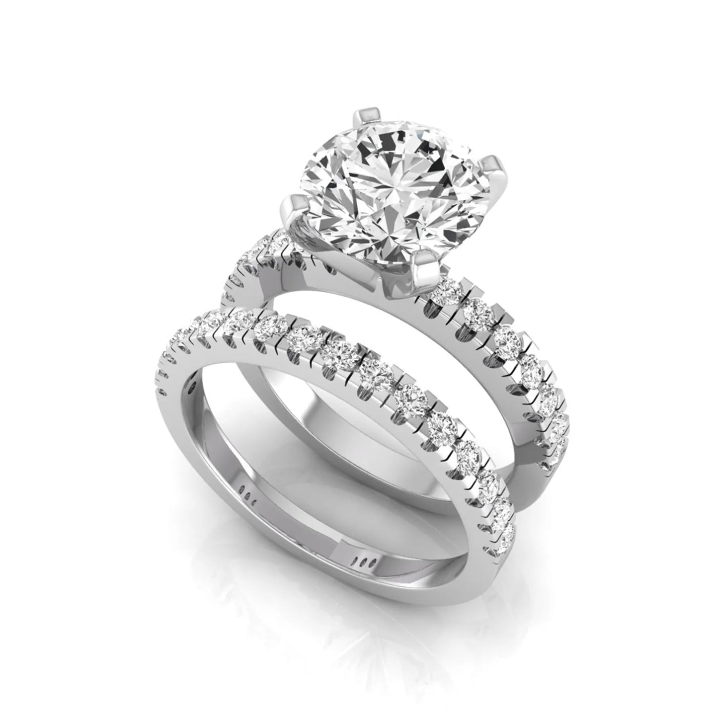 Round pavé lab grown diamond bridal ring set featuring a 2.75 carat IGI certified round center diamond with matching pavé diamond wedding band in a white gold design.