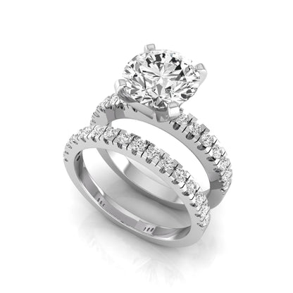 Round pavé lab grown diamond bridal ring set featuring a 2.75 carat IGI certified round center diamond with matching pavé diamond wedding band in a white gold design.