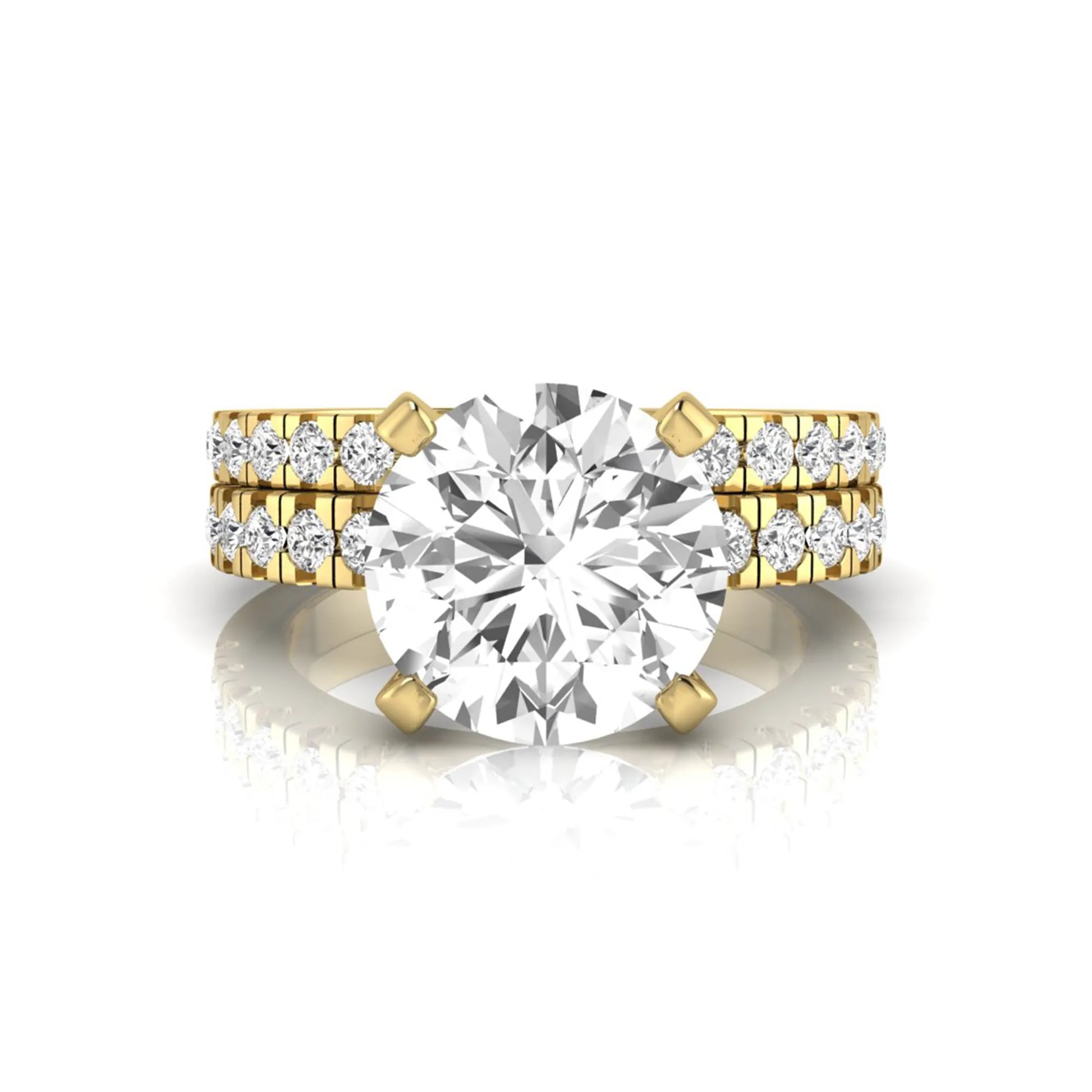 Round pavé lab grown diamond bridal ring set featuring a 2.75 carat IGI certified round center diamond with matching pavé diamond wedding band in a yellow gold design.