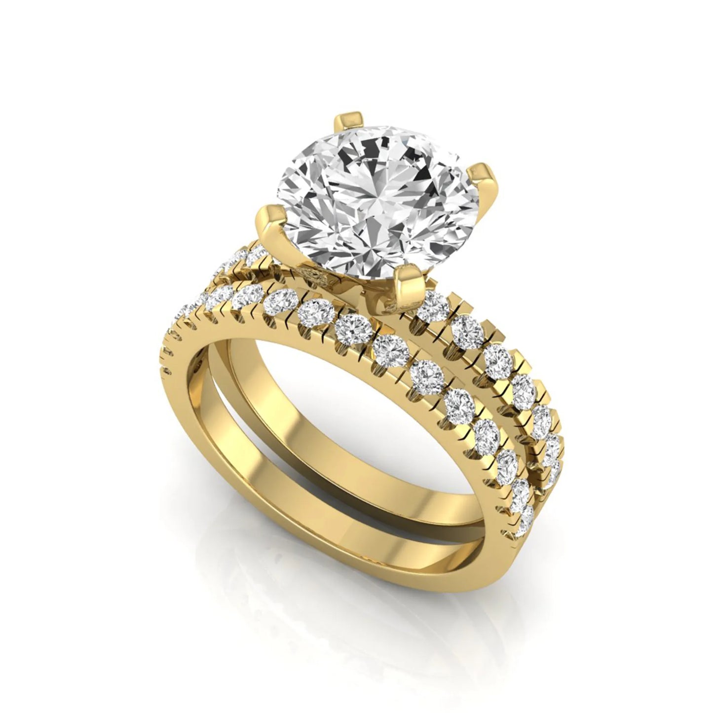 Round pavé lab grown diamond bridal ring set featuring a 2.75 carat IGI certified round center diamond with matching pavé diamond wedding band in a yellow gold design.