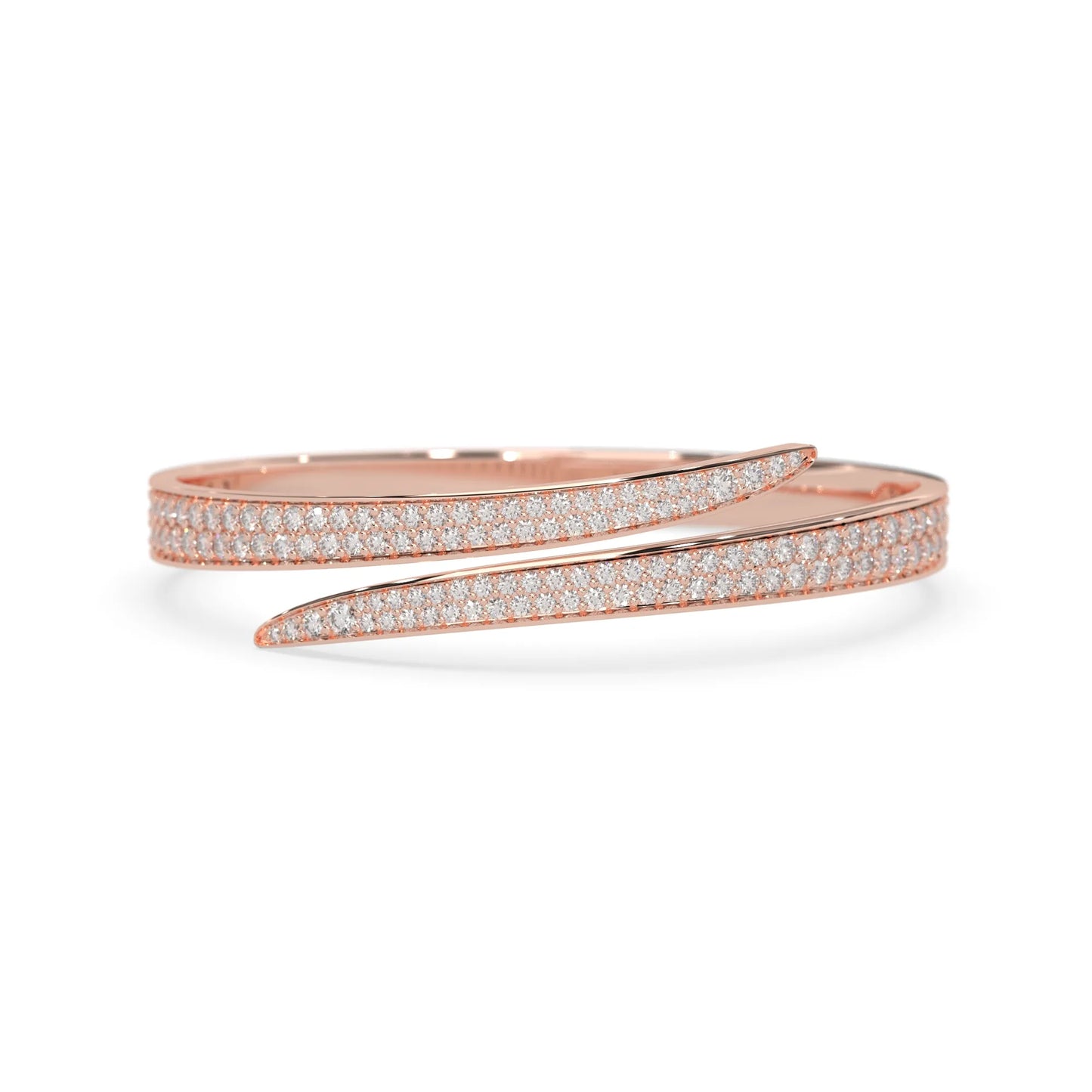 Round pavé set lab grown diamond bypass open cuff bangle bracelet with elegant sculptural crossover silhouette in rose gold metal tone