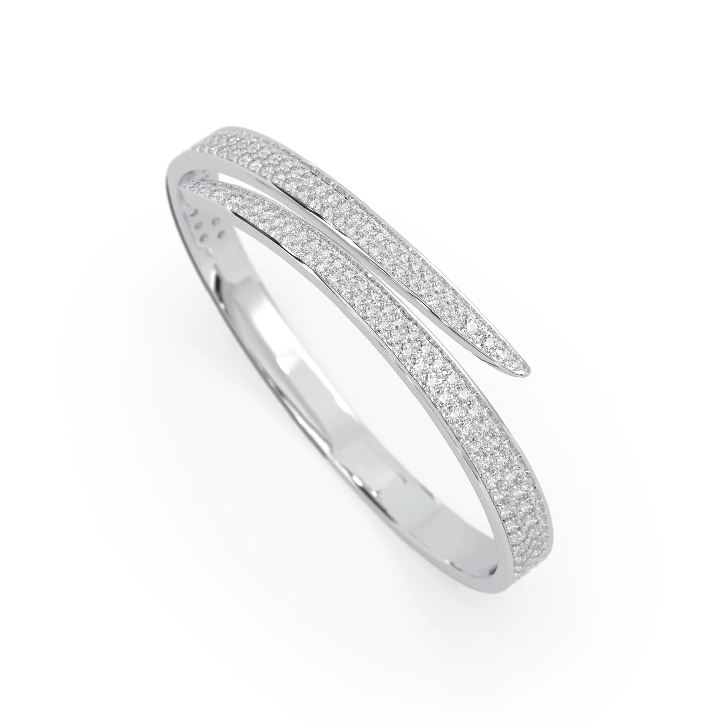 Round pavé set lab grown diamond bypass open cuff bangle bracelet with elegant sculptural crossover silhouette in white gold metal tone