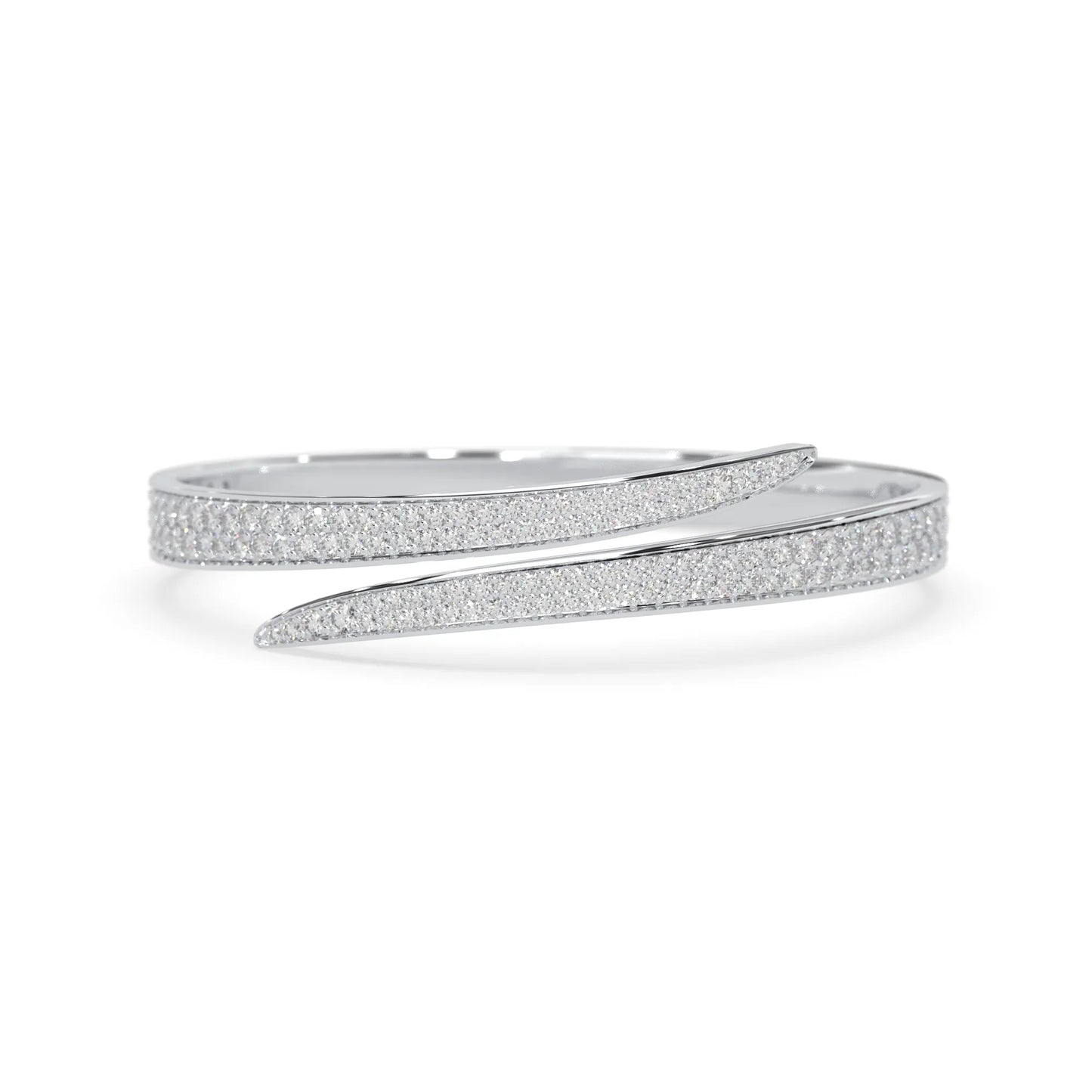 Round pavé set lab grown diamond bypass open cuff bangle bracelet with elegant sculptural crossover silhouette in white gold metal tone