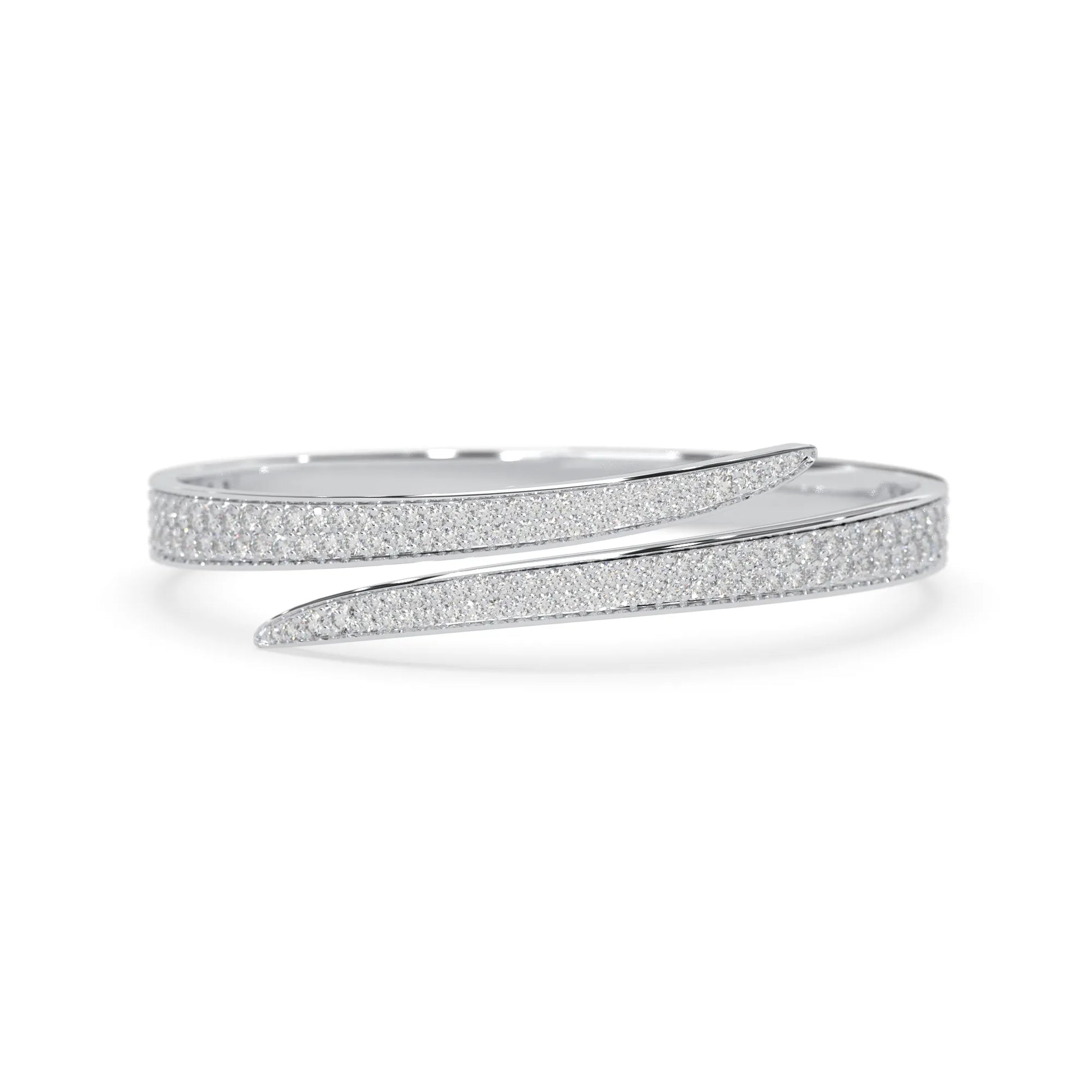 Round pavé set lab grown diamond bypass open cuff bangle bracelet with elegant sculptural crossover silhouette in white gold metal tone