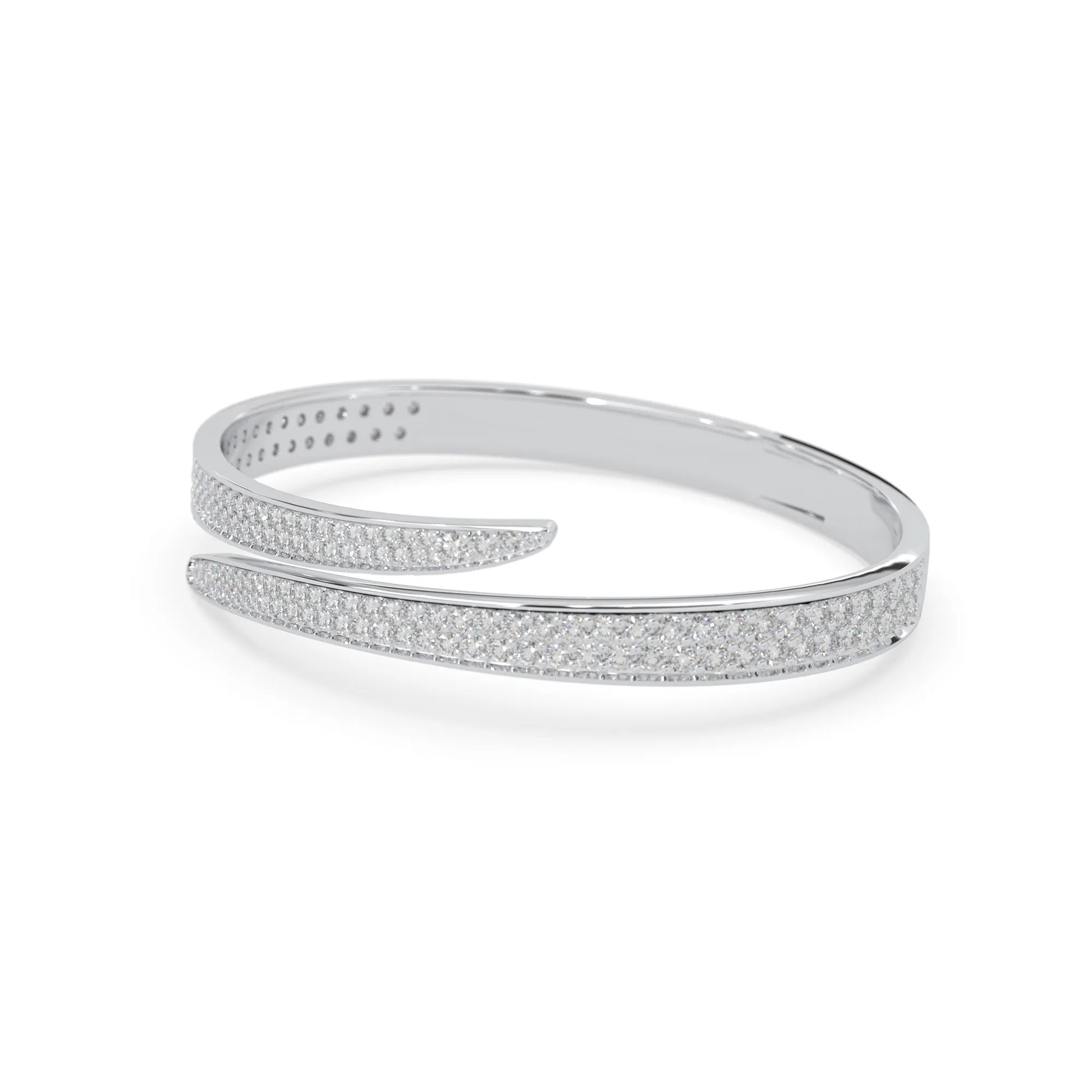 Round pavé set lab grown diamond bypass open cuff bangle bracelet with elegant sculptural crossover silhouette in white gold metal tone