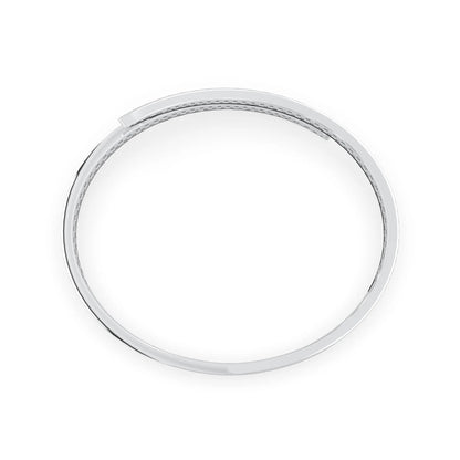 Round pavé set lab grown diamond bypass open cuff bangle bracelet with elegant sculptural crossover silhouette in white gold metal tone