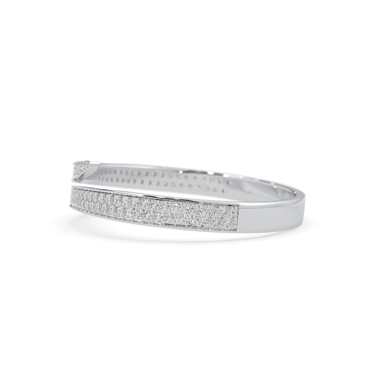 Round pavé set lab grown diamond bypass open cuff bangle bracelet with elegant sculptural crossover silhouette in white gold metal tone