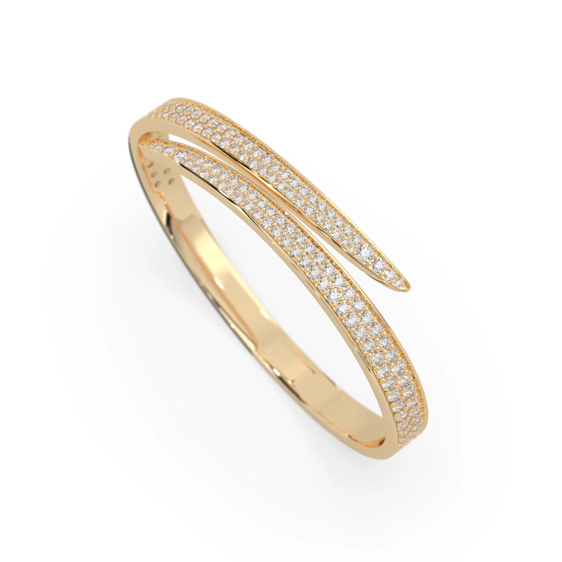 Round pavé set lab grown diamond bypass open cuff bangle bracelet with elegant sculptural crossover silhouette in yellow gold metal tone