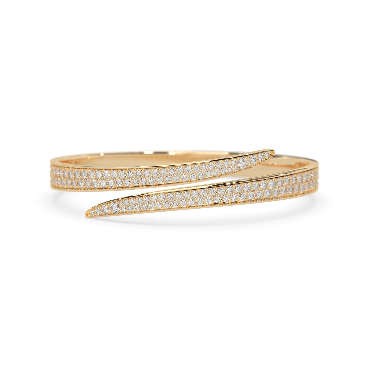 Round pavé set lab grown diamond bypass open cuff bangle bracelet with elegant sculptural crossover silhouette in yellow gold metal tone