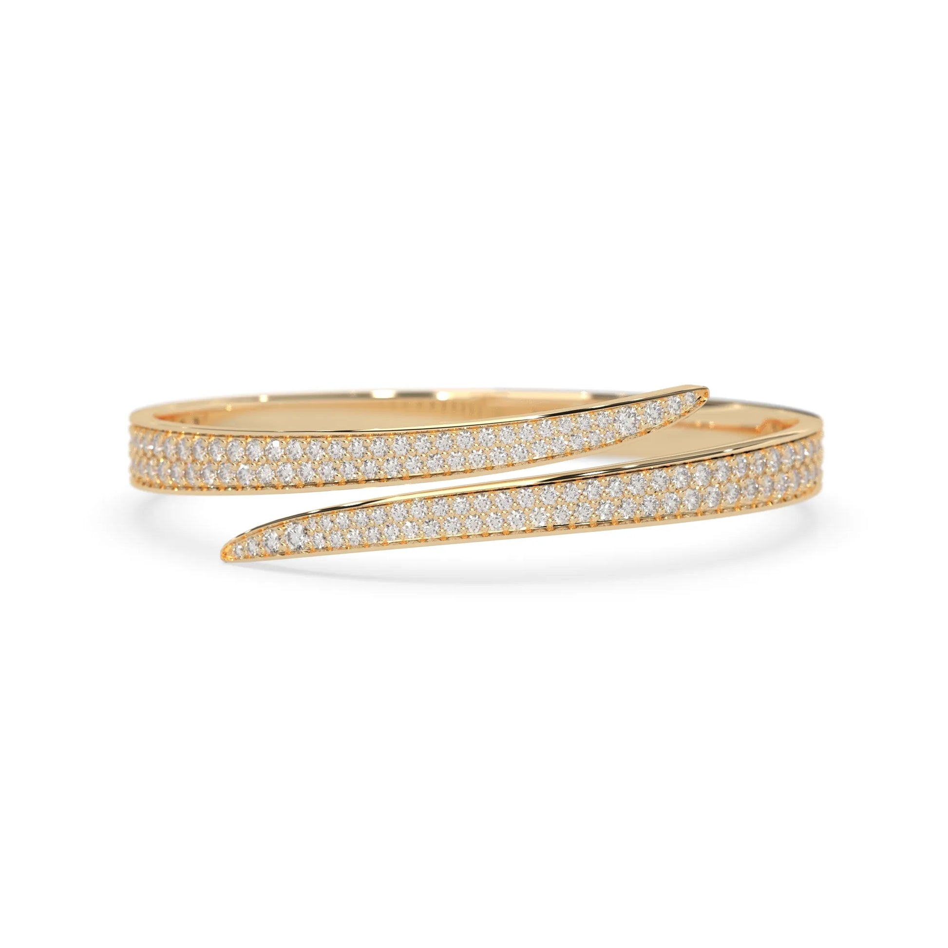 Round pavé set lab grown diamond bypass open cuff bangle bracelet with elegant sculptural crossover silhouette in yellow gold metal tone