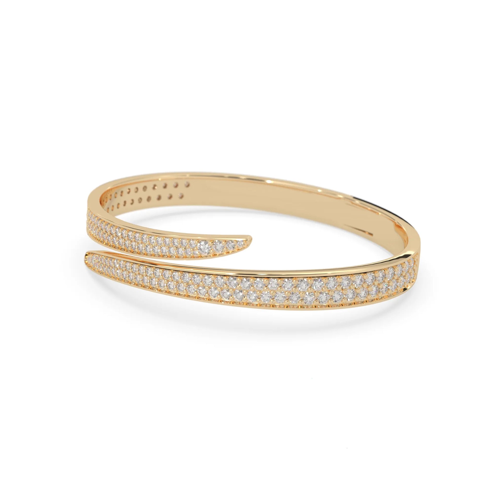Round pavé set lab grown diamond bypass open cuff bangle bracelet with elegant sculptural crossover silhouette in yellow gold metal tone