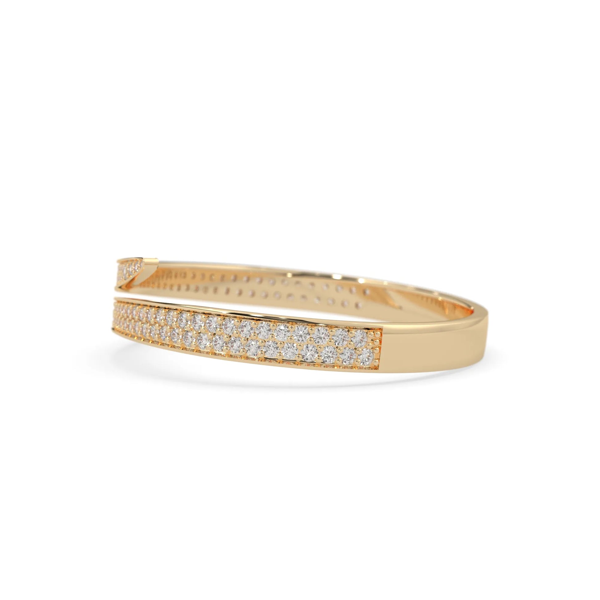Round pavé set lab grown diamond bypass open cuff bangle bracelet with elegant sculptural crossover silhouette in yellow gold metal tone