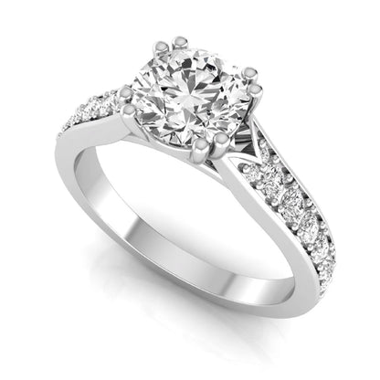 Round cut lab grown diamond engagement ring featuring an IGI certified center diamond with pavé set round diamonds on a tapered band in a classic six-prong setting in white gold