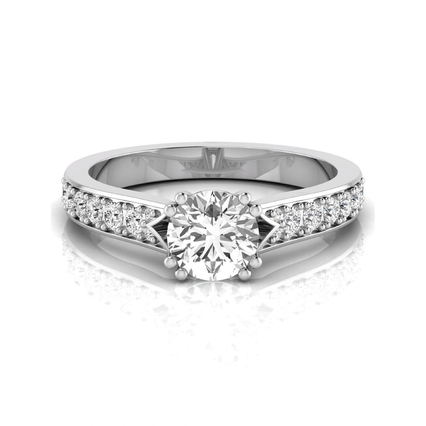 Round cut lab grown diamond engagement ring featuring an IGI certified center diamond with pavé set round diamonds on a tapered band in a classic six-prong setting in white gold